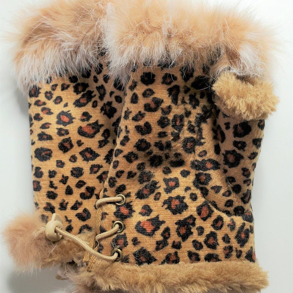 Leopard Print Women Winter Faux Fur Warm Fingerless Gloves